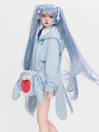 Full Set: Ears Snow + Tie Oversized Blue Hoodie + Socks + Skirt + Bunny Shirt