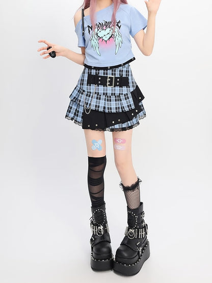 ウィングスプリント Y2K ライトブルー アシンメトリーネックライン ハート＆Tシャツ