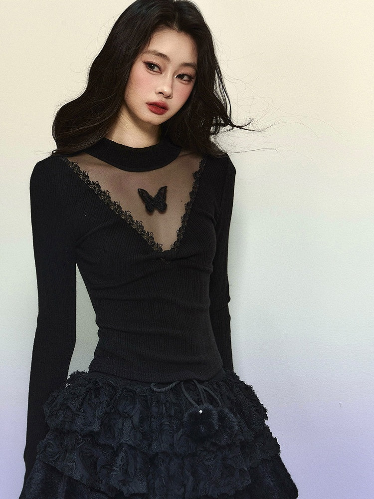 Black Illusion Neckline Butterfly Accents Slim-Fit Long-Sleeve Top