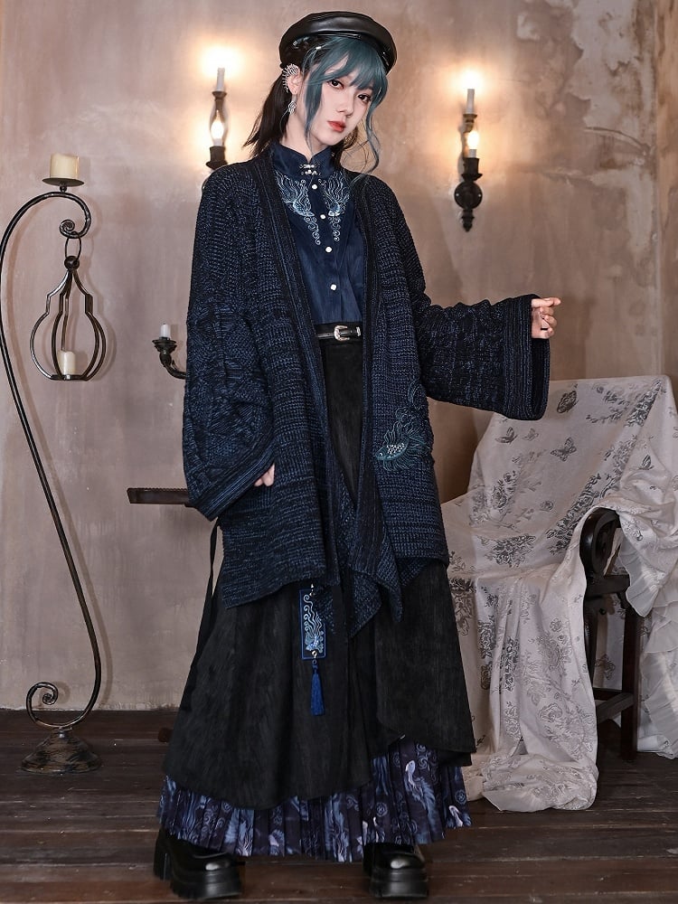 Sleeves Cheongsam - Collar Navy Blue Blouse Goth Mandarin Pipa