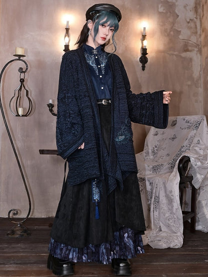 Sleeves Cheongsam - Collar Navy Blue Blouse Goth Mandarin Pipa