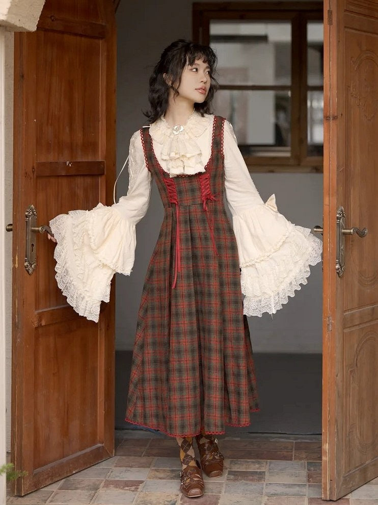 Plaid Classic Dress Details Lace-Up Brown Elegant Reddish Lolita with