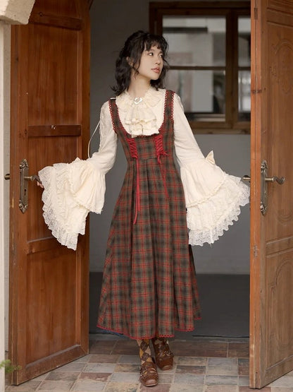 Plaid Classic Dress Details Lace-Up Brown Elegant Reddish Lolita with