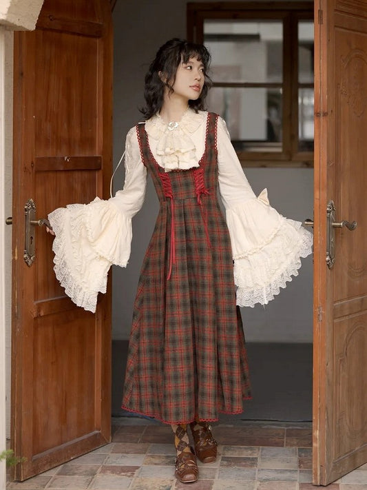 Plaid Classic Dress Details Lace-Up Brown Elegant Reddish Lolita with