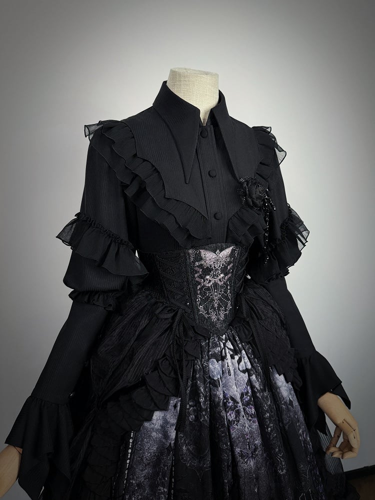 Sleeves Collar Lolita Long Shirt with Ruffles Black Sharp Gothic