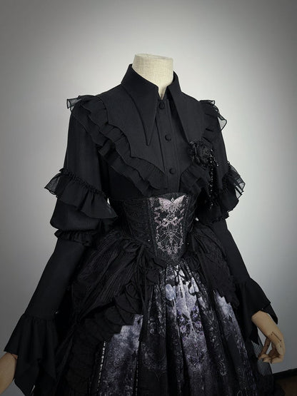 Sleeves Collar Lolita Long Shirt with Ruffles Black Sharp Gothic