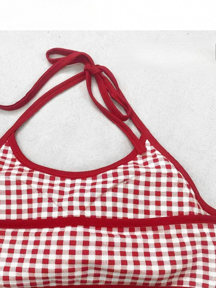 Y2K Muster Plaid Brief Hals + Gelb Obst Neckholder Cami Print Bittersüße Kleid Top Und Rot