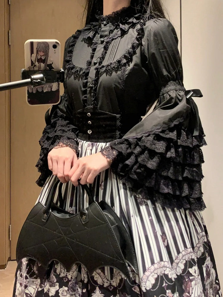 Layered Black Lolita Cotton Gorgeous Lace Bell Sleeves Blouse