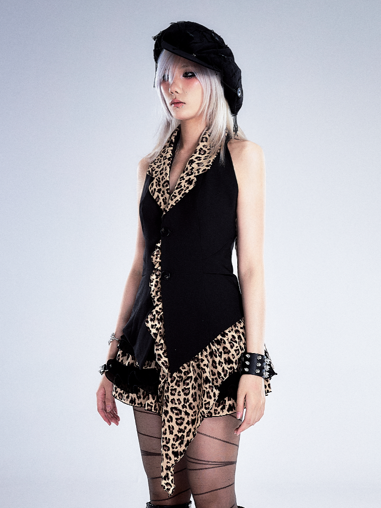 Hem Black Print Asymmetrical with Leopard Top Halter Ruffled Neck Vintage