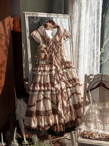 Cascading House Ruffle Front Style Placket Dress Pink Coffee Straps Lolita Self-tie