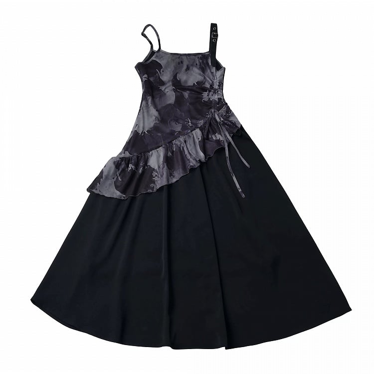 Black Asymmetric Cami Long Dress with Ink Print - PINK SAVIOR