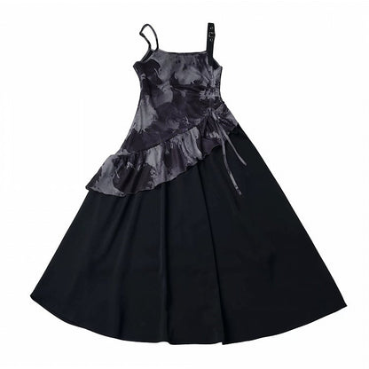 Black Asymmetric Cami Long Dress with Ink Print - PINK SAVIOR