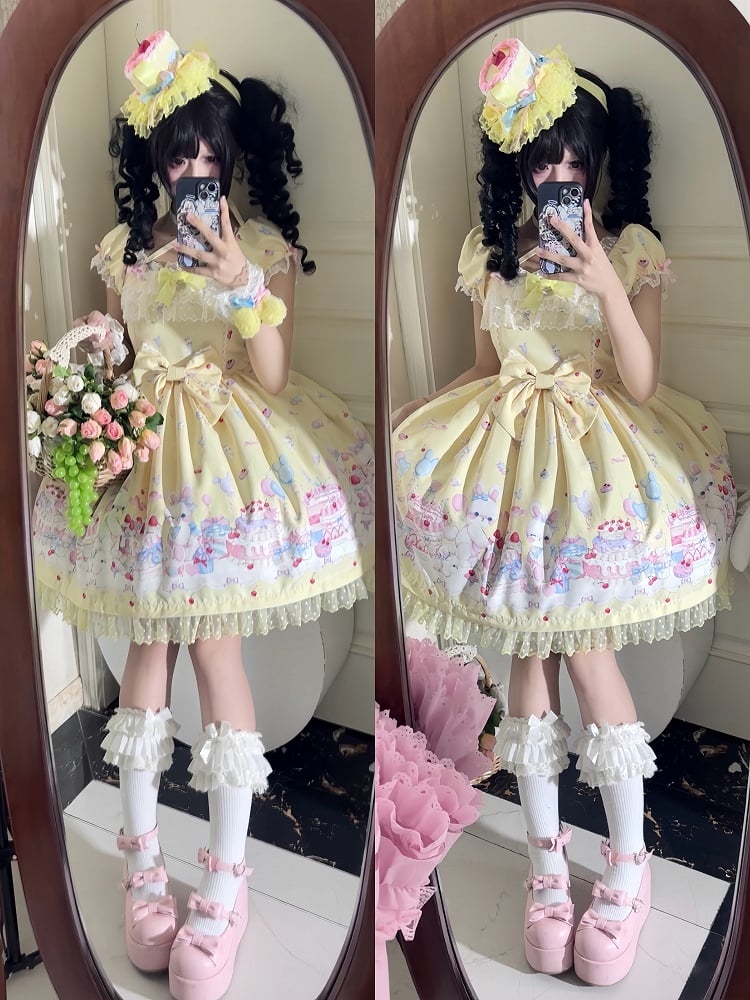Yellow Short Lolita Dress Cake Bunny Sleeves Sweet Print and Puff