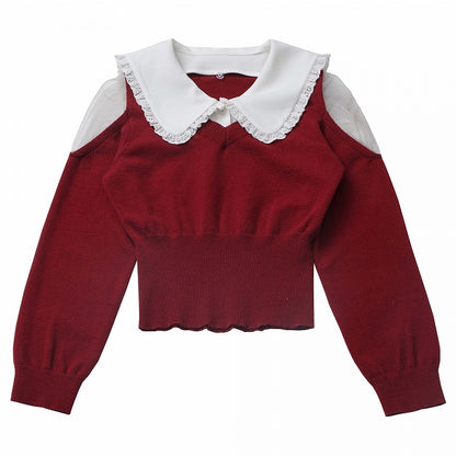 Wine Red/Grey Peter Pan Collar Sweater