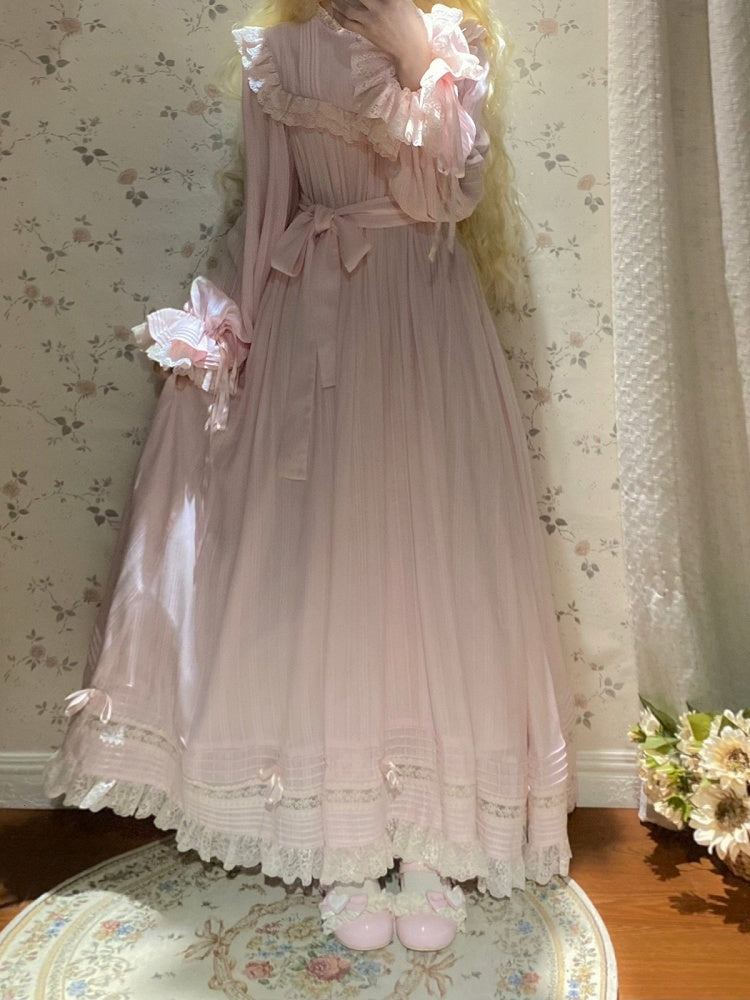 Lace Trim Long Sleeve OP Dress with Ruffles, Pink Lolita Style - Hua Xia Miao