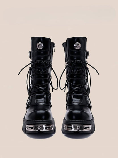 Punk Plates Black Mid-Calf Boots Platform Gothic - Fastening Metal Triple