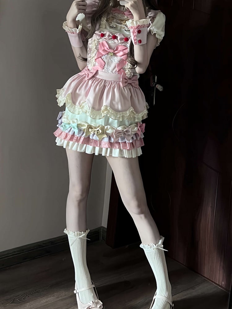 Kawaii Pink 3D Horse Embroidery Short Sleeve Blouse with Bow Layered Ruffle Skirt Set - Sweet Dream Box