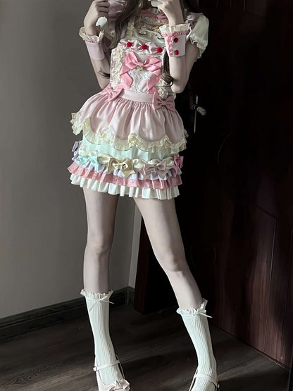 Kawaii Pink 3D Horse Embroidery Short Sleeve Blouse with Bow Layered Ruffle Skirt Set - Sweet Dream Box