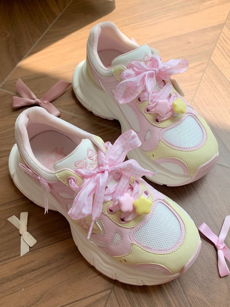 in Platform Pink Lolita Design Bow Plaid Lace-up Star Sweet Details Sneakers Yellow And