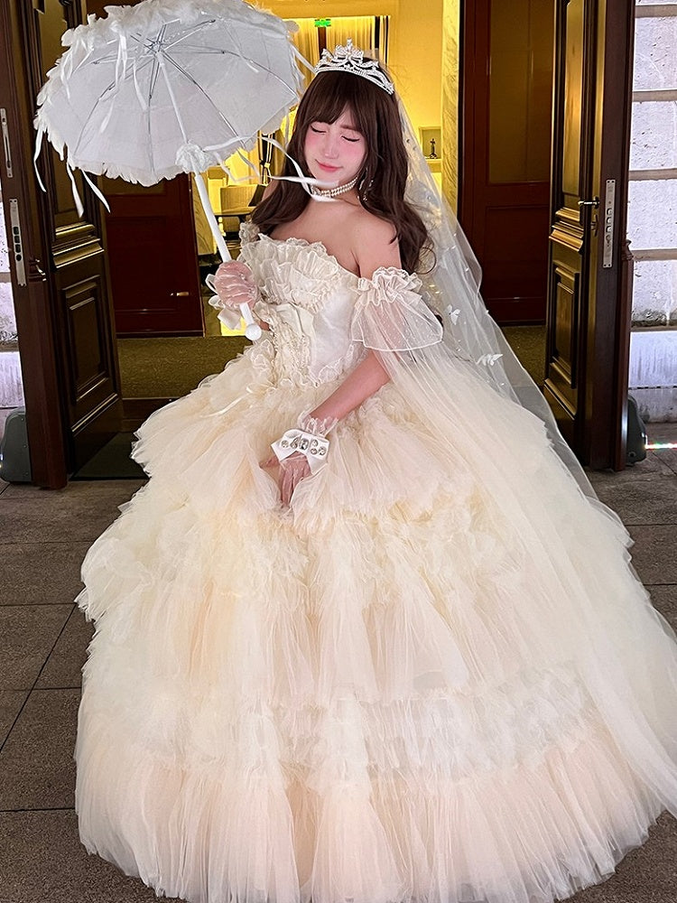 Ruffled Bow Accent with Details Layered Lolita and Tulle Hime White Dress
