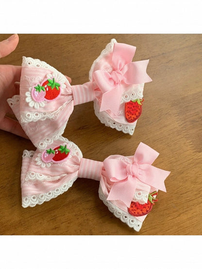 Pink Strawberry Bow Hair Clip with Lace Trim - Bow Terminator