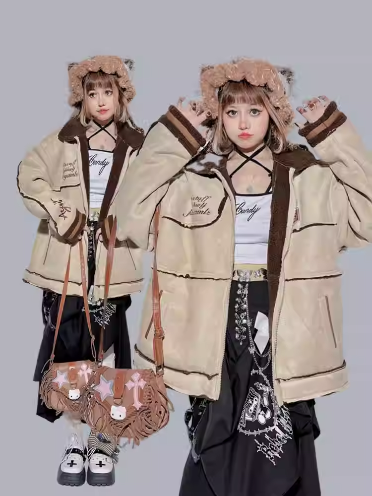 Khaki Letter Contrast Trim Oversized Jacket