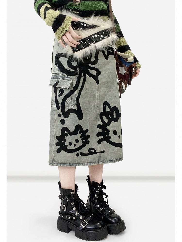 Y2K リボン付きキティスカート デニムプリント ブルー