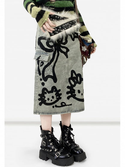 Y2K リボン付きキティスカート デニムプリント ブルー