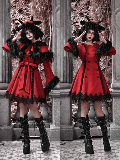 クリスマス新作 取り外し可能なケープ付きレッドウールコート