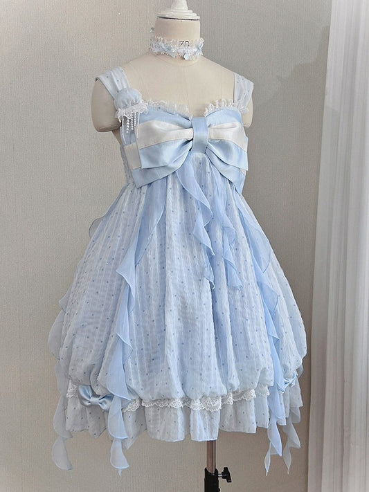 Blue Polka Dot Bow Sleeveless Bubble Dress with Lace - Tan Tuan