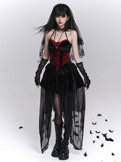 Halter Bustier Halloween Gothic Print Red with Top Black Spiderweb Neck