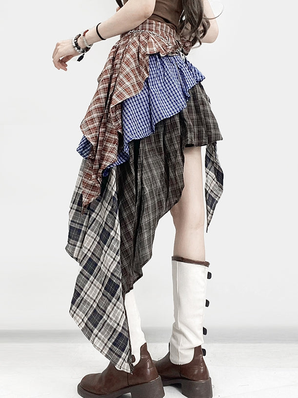 ミラードチェック柄ブラウンスカート ティアードファッション アシンメトリーヘムパターン