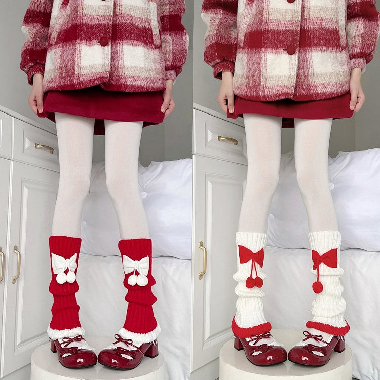 Warmers Decorated Leg 2 Knitted Cute Bow Pom-pom Colors