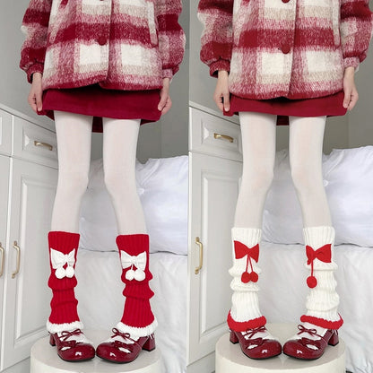 Warmers Decorated Leg 2 Knitted Cute Bow Pom-pom Colors