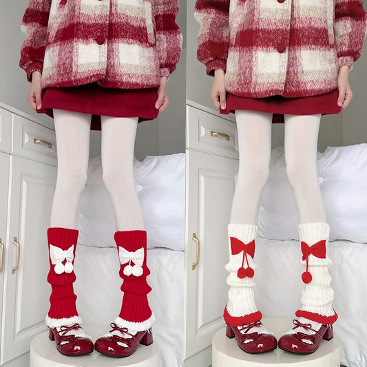 Warmers Decorated Leg 2 Knitted Cute Bow Pom-pom Colors