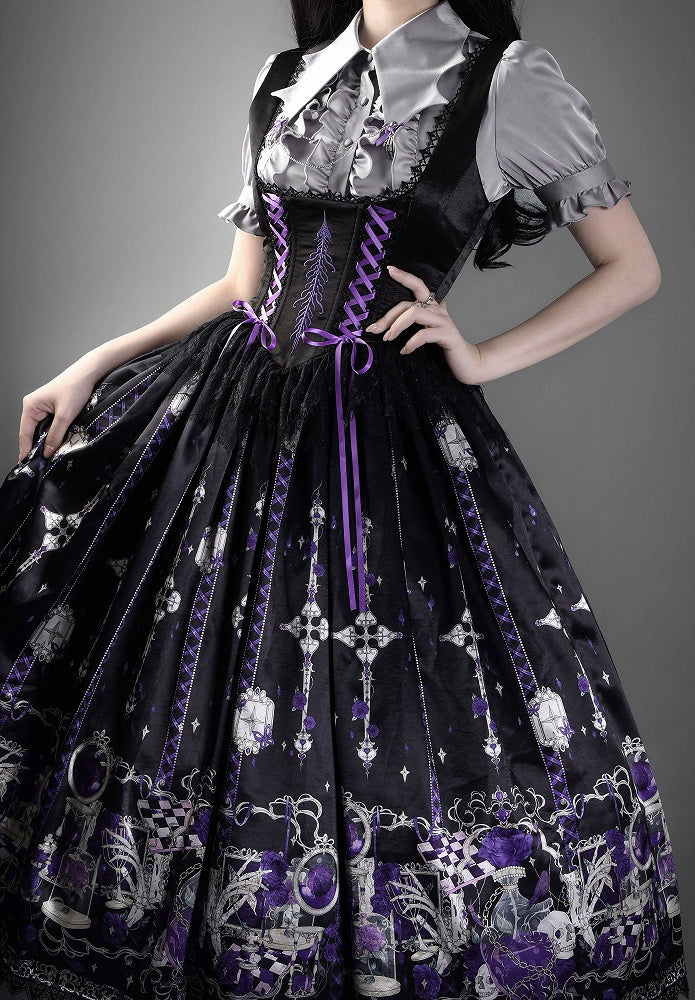 Purple Rosette and Skull Print Gothic Lolita Corset Under Bust JSK Dress - Sweetheart Love Song