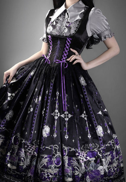Purple Rosette and Skull Print Gothic Lolita Corset Under Bust JSK Dress - Sweetheart Love Song