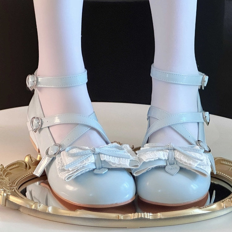 Mary Top Leather Crisscross at PU Janes Blue Bow Low-heel Design