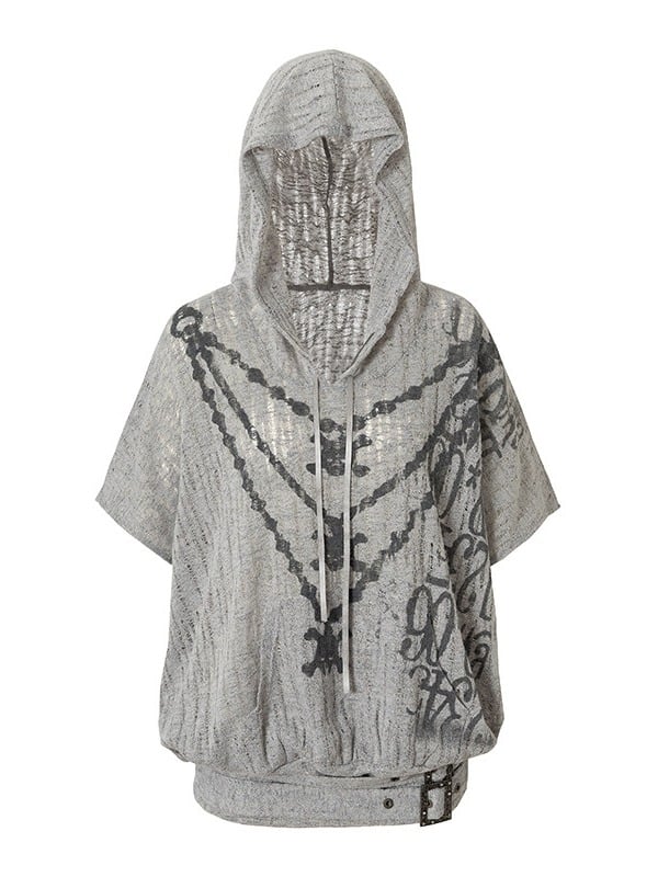 Dusty Blue Distressed Hooded Batwing Knit Top - NO ROMANCE