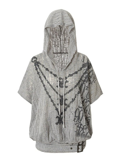 Dusty Blue Distressed Hooded Batwing Knit Top - NO ROMANCE