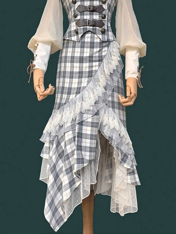 Trim Steampunk with Asymmetrical Lace Skirt Plaid White Blue Lolita Ruffled