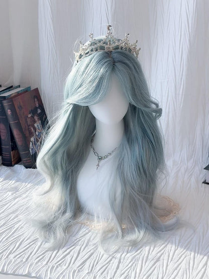 with Curtain Blue Wavy Ombre Mint Bangs Long Wig 70CM