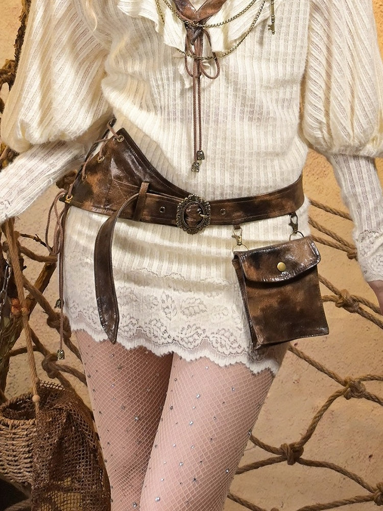 with Waist Pocket Side Brown Lace-Up PU Vintage Punk Utility Belt