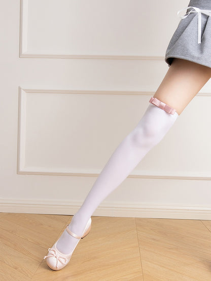 Decorated Over Bow JK White/Gray/Pink 48CM Stockings Creamy Knee