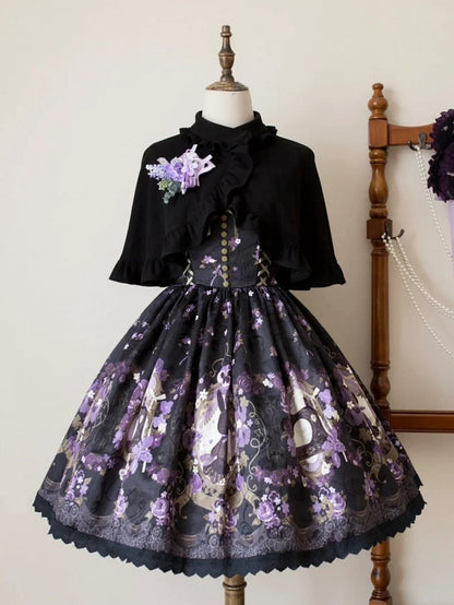 Cape Bonnet Purple Black Jacquard Print + Floral Lolita Full Set Dress JSK