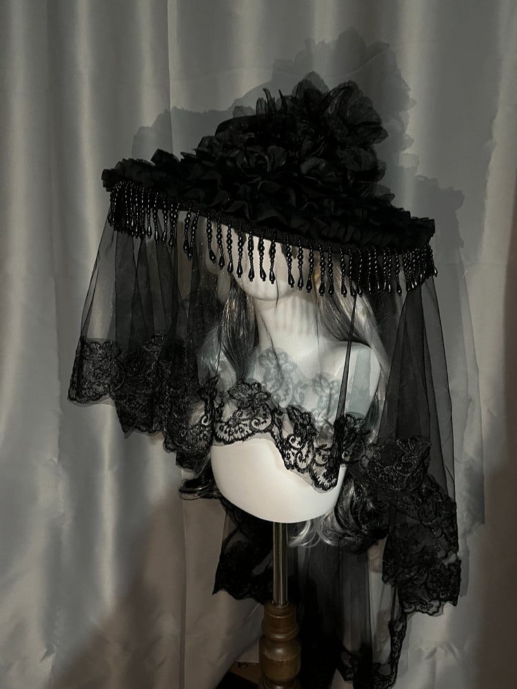 Gothic Beaded Tassel Hat with Lace Trim - Custom Made Earrings