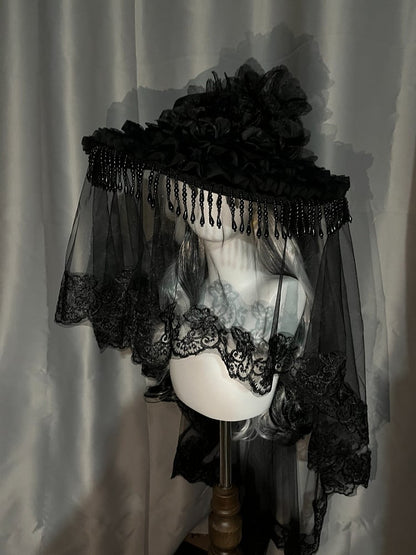 Gothic Beaded Tassel Hat with Lace Trim - Custom Made Earrings