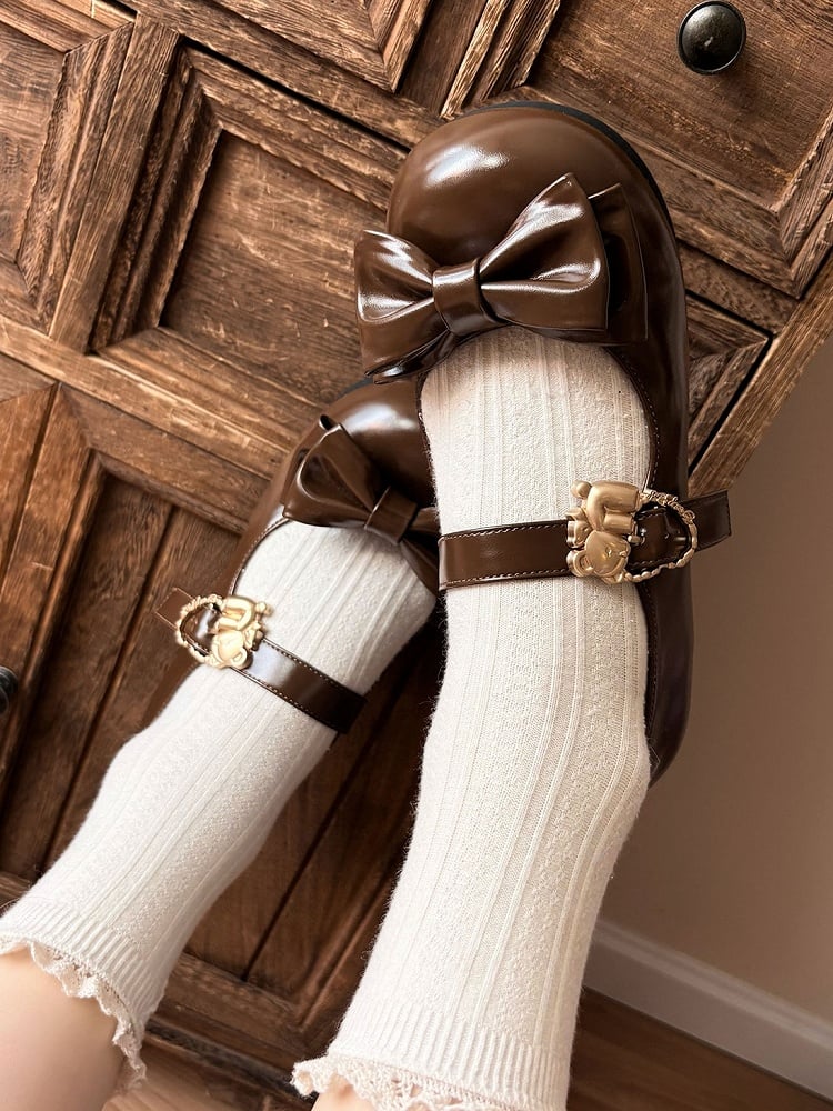 Bow Buckles Brown Hugging Top Heart Lolita Flats Sweet with Bear at