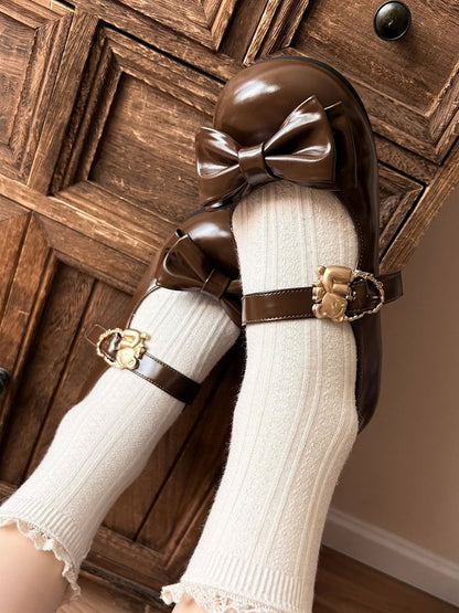 Bow Buckles Brown Hugging Top Heart Lolita Flats Sweet with Bear at