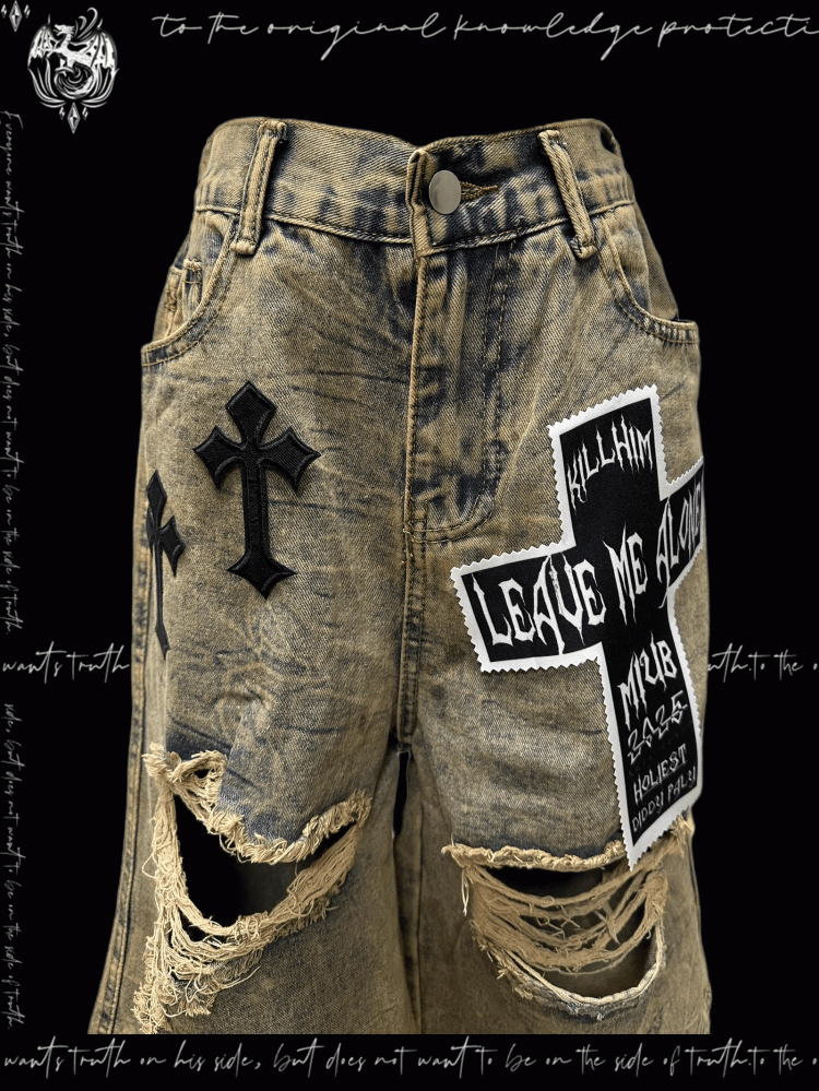 パンクなウェイストランドクロスのアップリケ、イエローのダメージ加工の穴あきデニムショーツ、Y2K